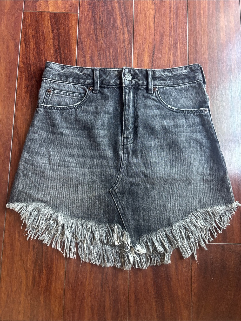 Free People Washed Black Fringed Denim Skirt
